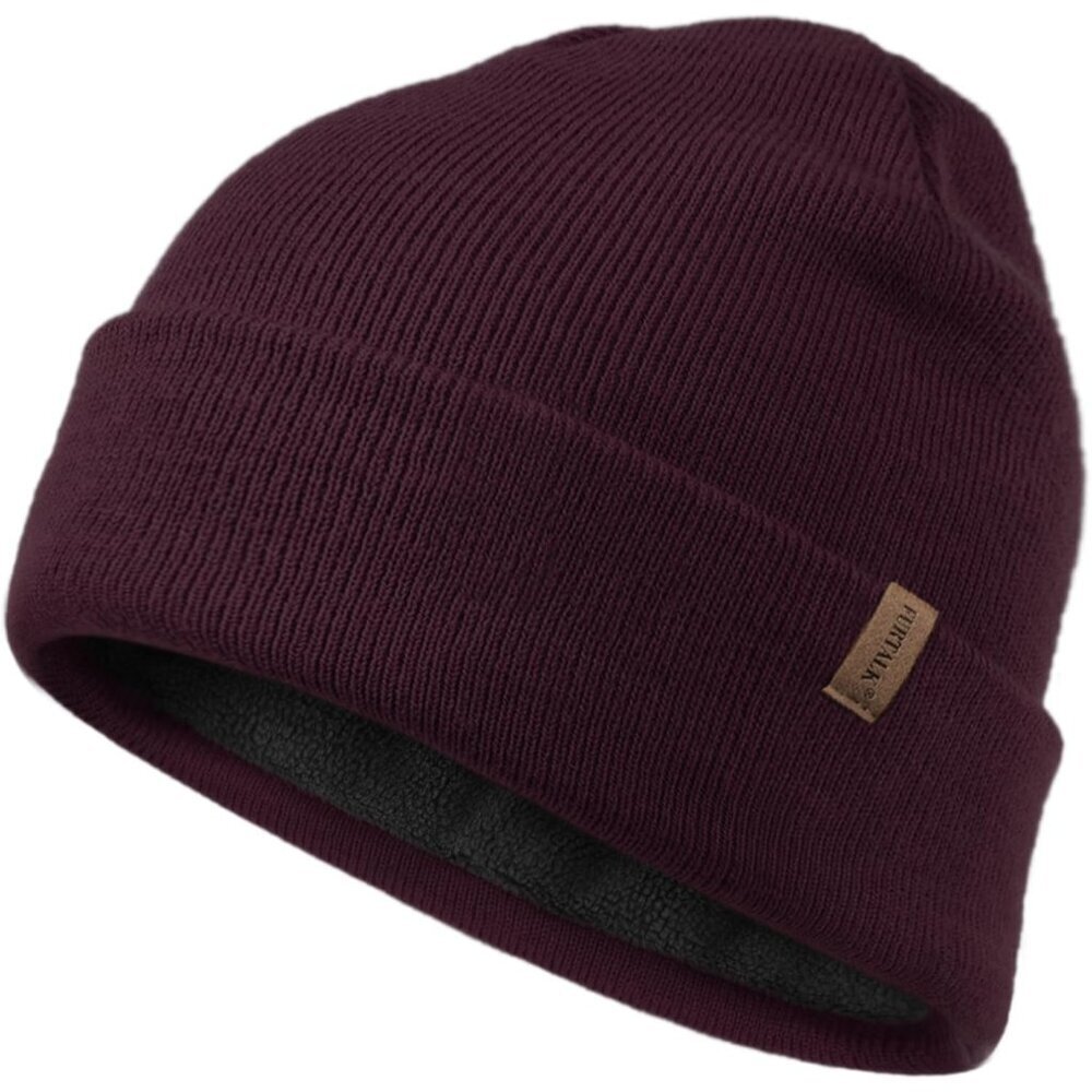 Men's Red Beanie Fleece Lined Double Layered Stylish Knitted Cuffed Plain Hat